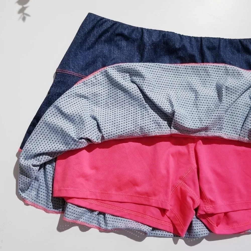 LUCKY IN LOVE Blue Denim Tennis Skirt Skort Gym Athletic Large Golf Pickleball